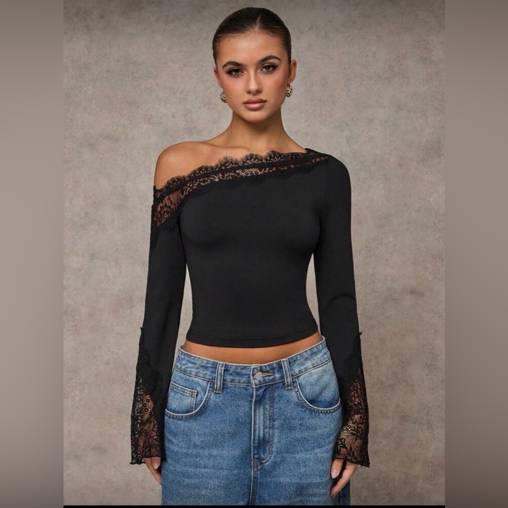 Chic Black Lace Asymmetrical Blouse